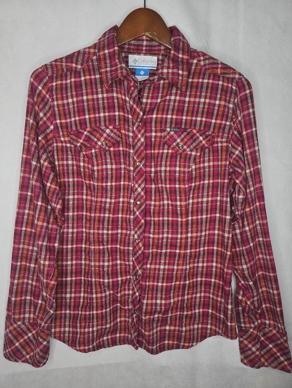 Columbia Pearl Snap Shirt Red Plaid Long Sleeve Cotton Western Outdoor M